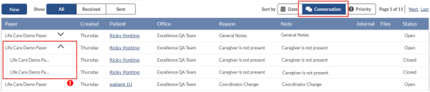 In the leftmost Payer column, multiple messages display for a corresponding Patient in the dropdown.